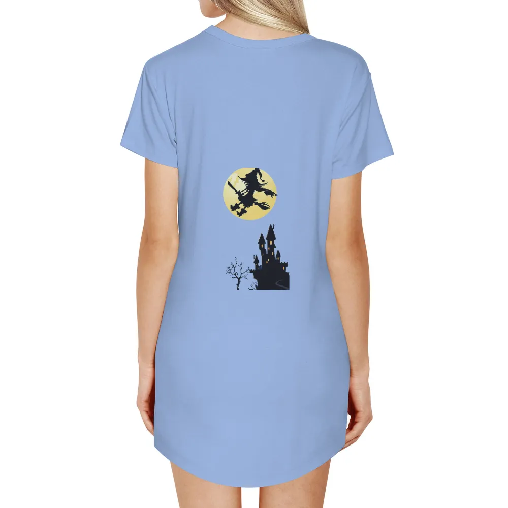 Tee Shirts Printed: Witch Flying Over Castle Under Full Moon|on a dark desert highway shirt witch