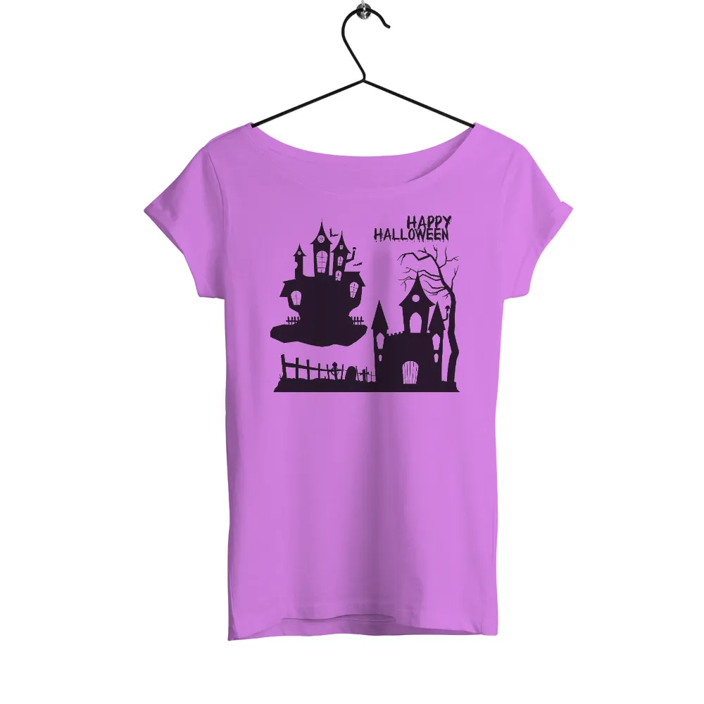 Customized Tee Shirts: Haunted Castle Silhouette for Happy Halloween|bleached halloween shirts dollar tree