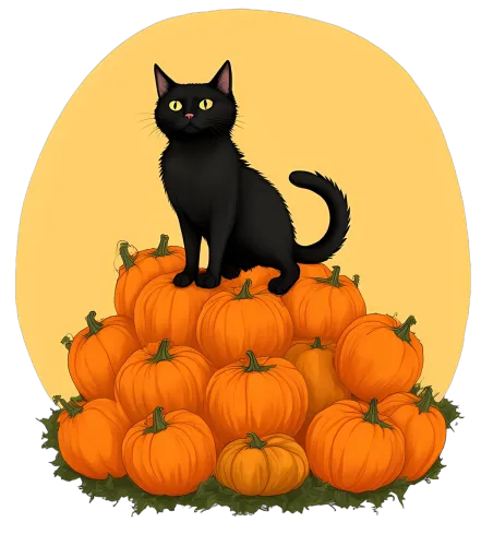 Tee Shirts Printed: Black Cat on Pumpkin Patch - Halloween Magic