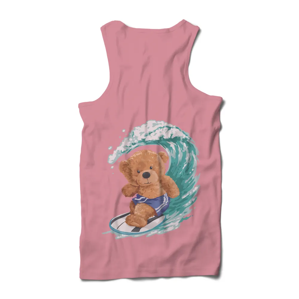 Graphic Tees: Sandy's Surf Adventure - Summer Fun with Surfing Teddy Bear|best summer t shirts ladies