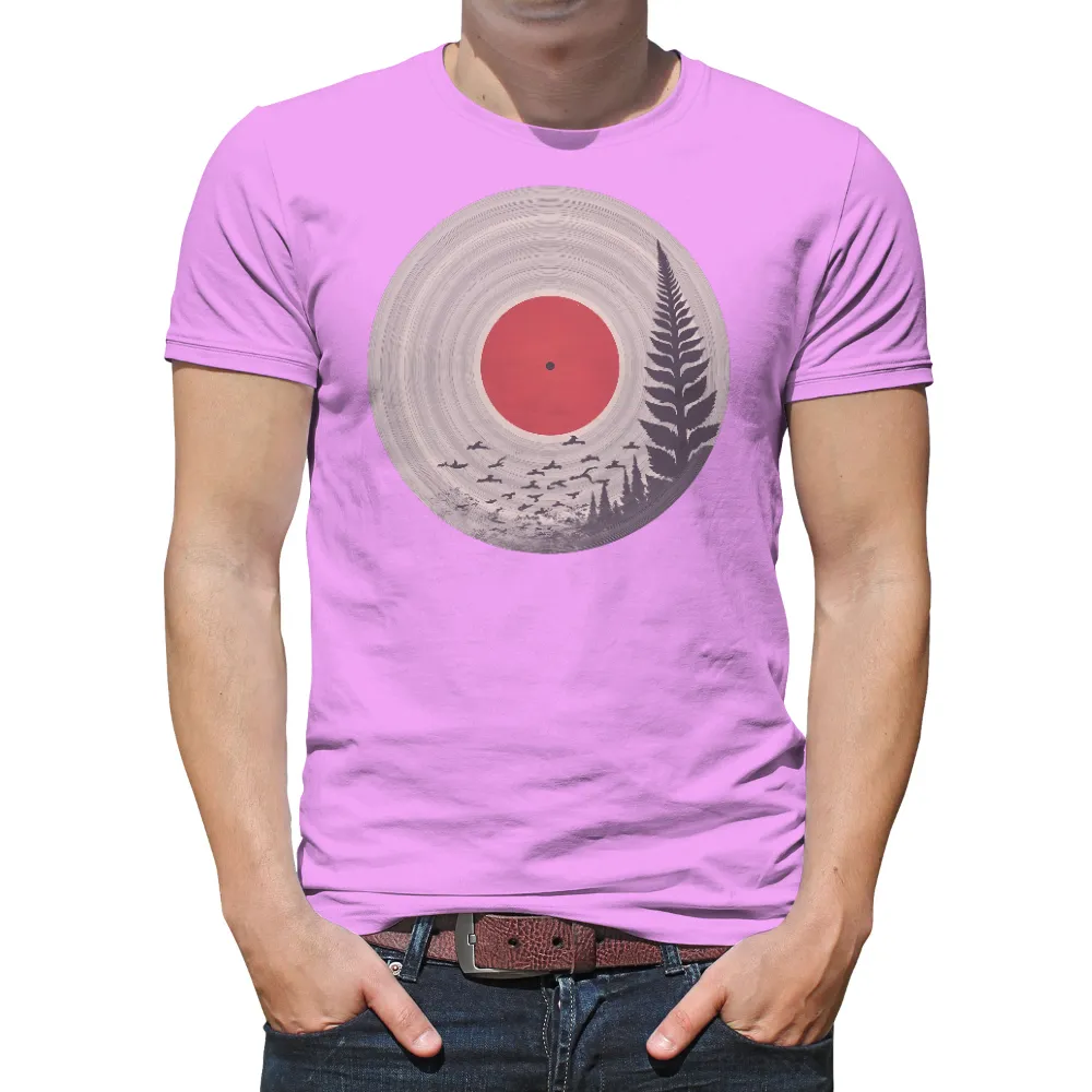 Custom T-Shirt Printing: Vintage Vinyl Record & Nature Fusion| birds in flight