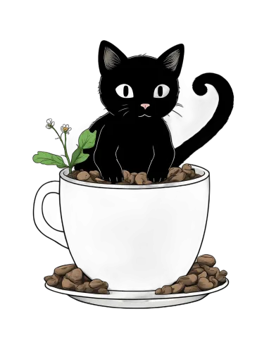 TShirt Printing: Whimsical Black Cat in a Coffee Cup - Artistic Designs