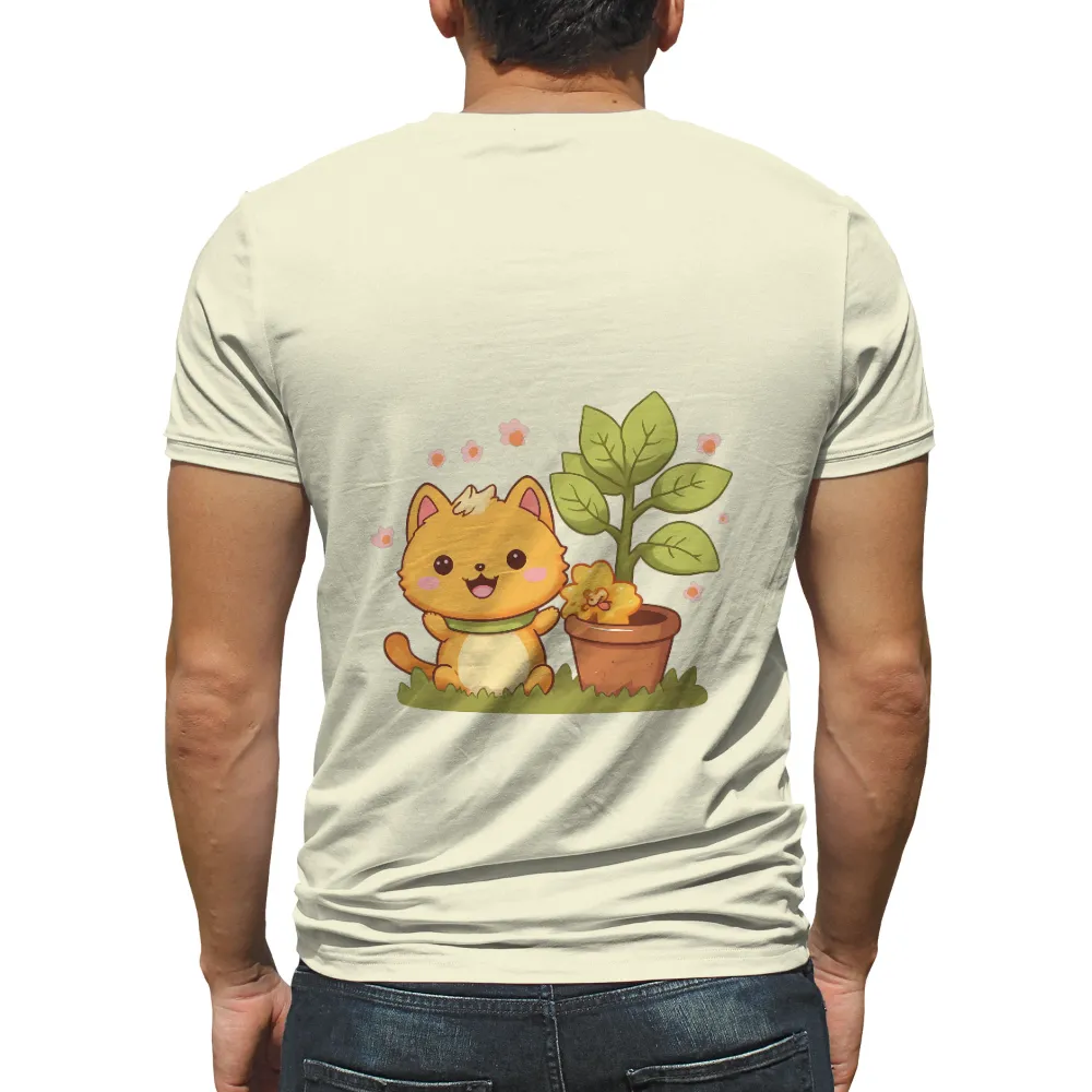 TShirt Design: Whimsical Cat and Flower | Adorable Characters| delicate pink flowers