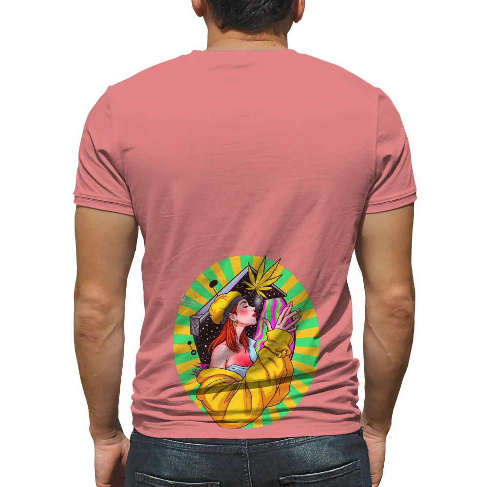 T-Shirts Design: Psychedelic Journey with Retro Rainbow and Cannabis Leaf| yellow beret