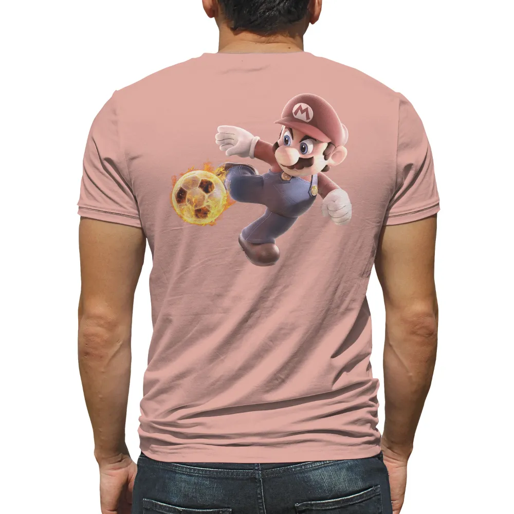 T-Shirts Design: Mario Kicks Fire Soccer Ball - Sports Gaming Pop Culture|hero gayab mode on t shirt