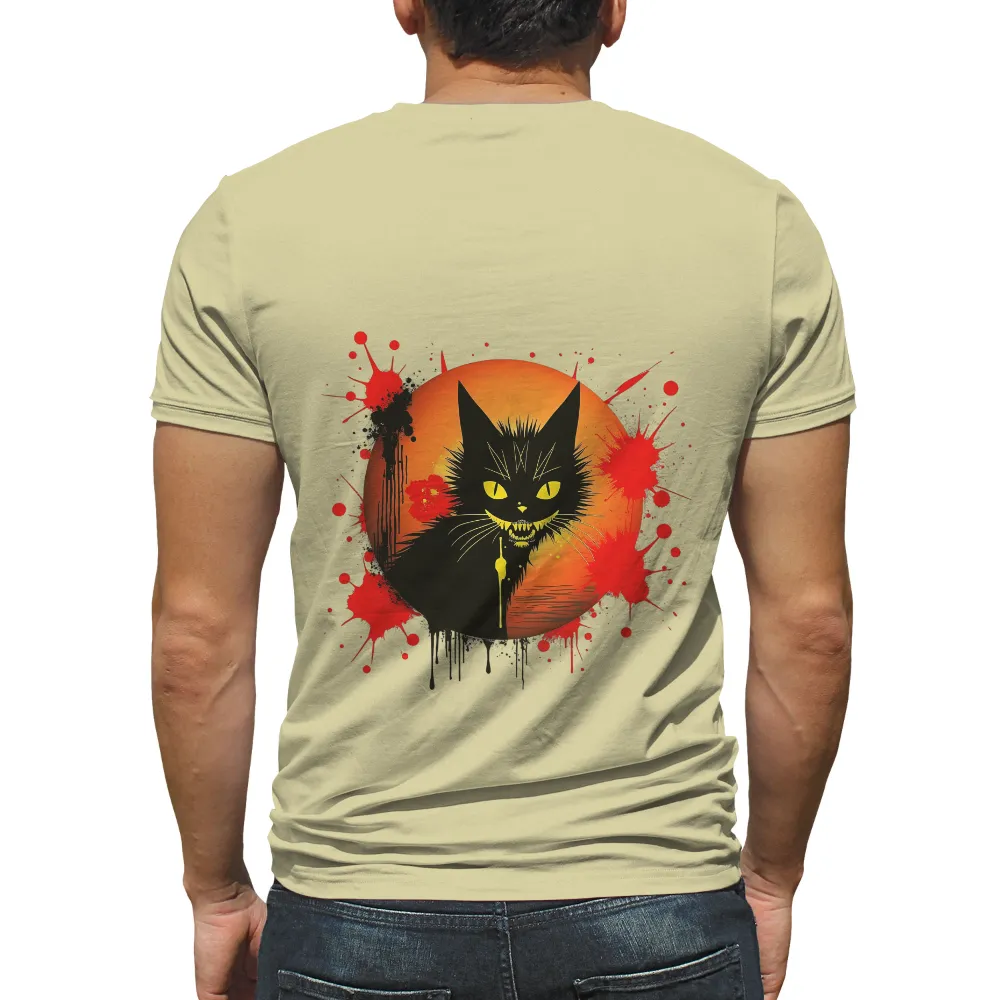 T-Shirts Pattern: Black Cat & Blood-Red Moon - Artistic Design| eerie and mysterious atmosphere