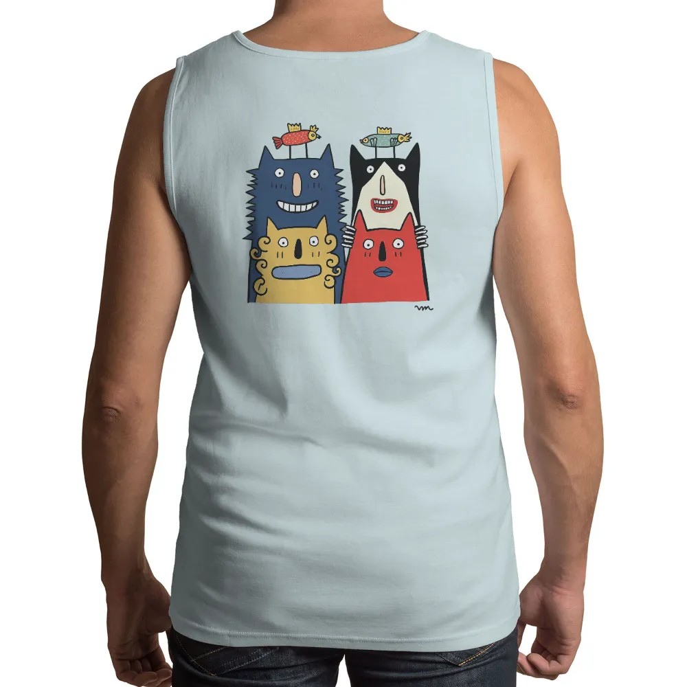 Tee Shirt Printing: Whimsical Friends with Fish Crowns| Yellow cat with surprised expression