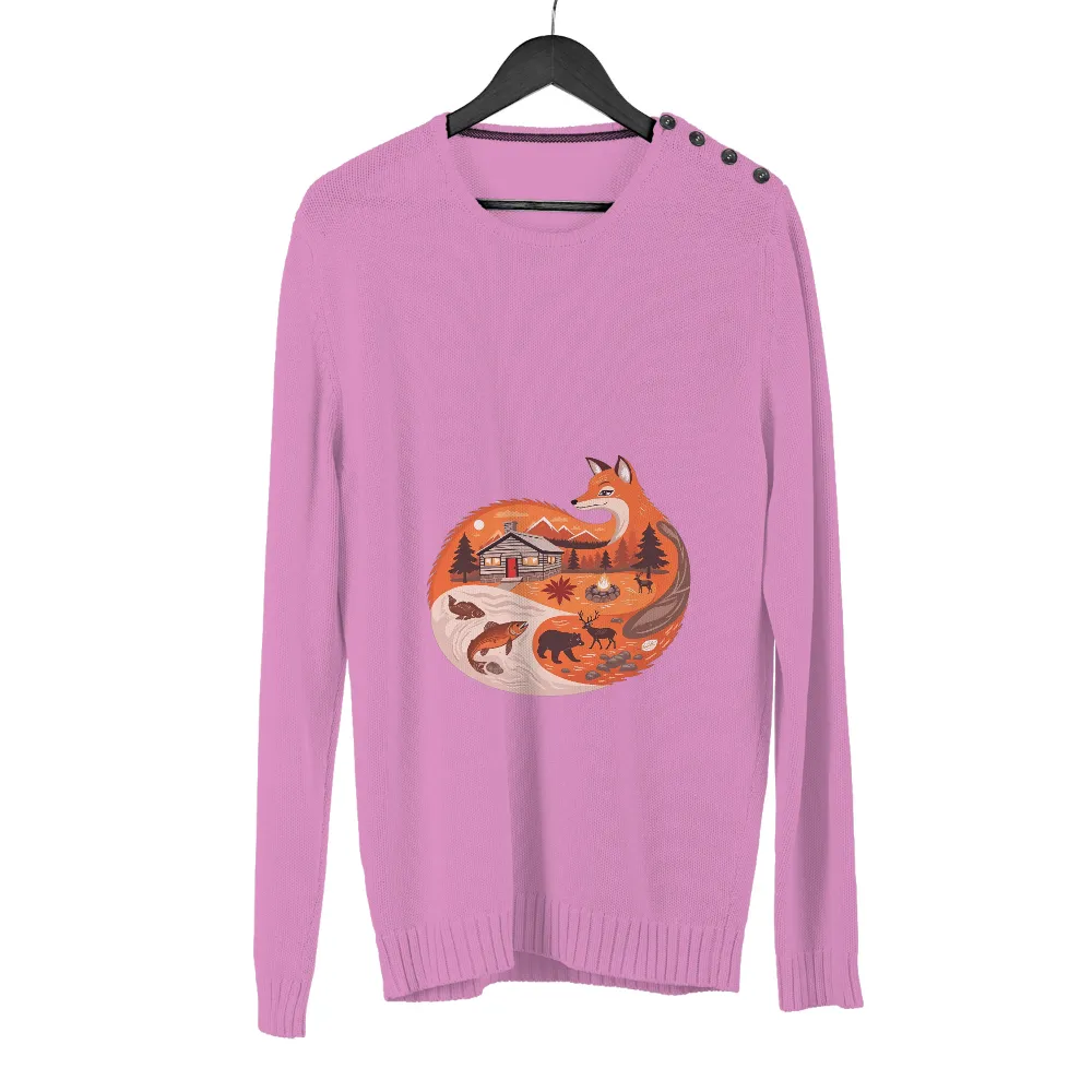 Tee Shirts Printed: Nature's Harmony with Fox and Cabin| fish swimming in a winding river