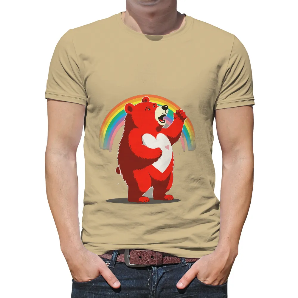 Customized Tee Shirts: Red Bear Under Rainbow - Spread Love and Joy|peace love and beer t shirt