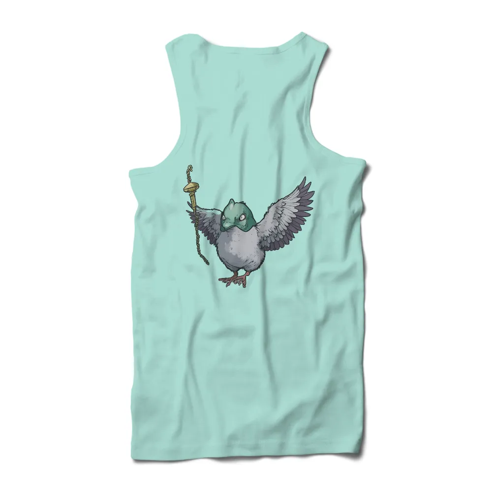 TShirt Design: Determined Bird with Mask and Golden Staff| Green masked bird holding a staff