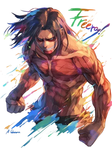 Eren Yeager in action pose - eren yeager no shirt