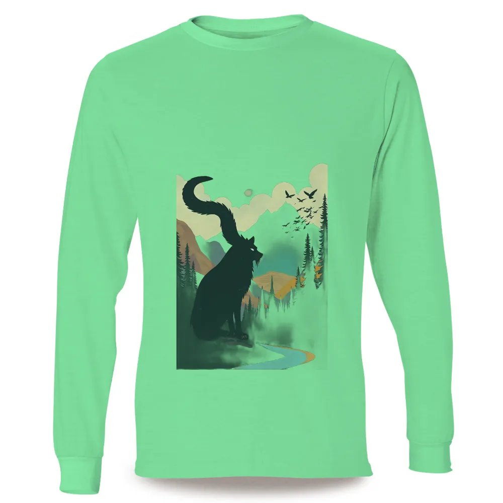 Tee Shirts Printed: Black Cat in the Moonlit Forest| birds flying