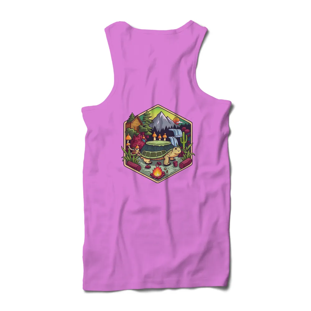 T-Shirts Design: Whimsical Turtle Cabin in the Forest| Serene forest setting