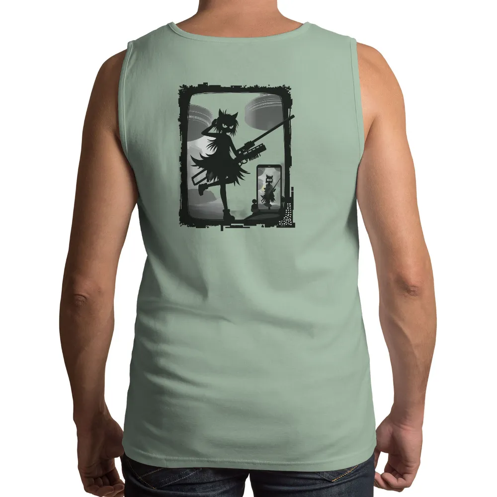 T-Shirts Custom: Shadowy Figure with Rifle - Artistic Design| depth and reflection