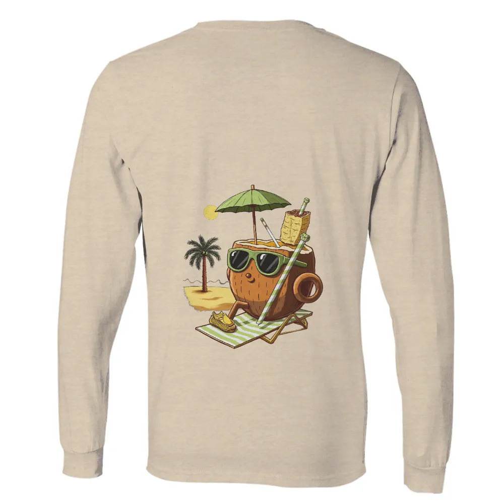 T-Shirts Design: Relaxing Coconut Beach Character| Coconut on a beach chair