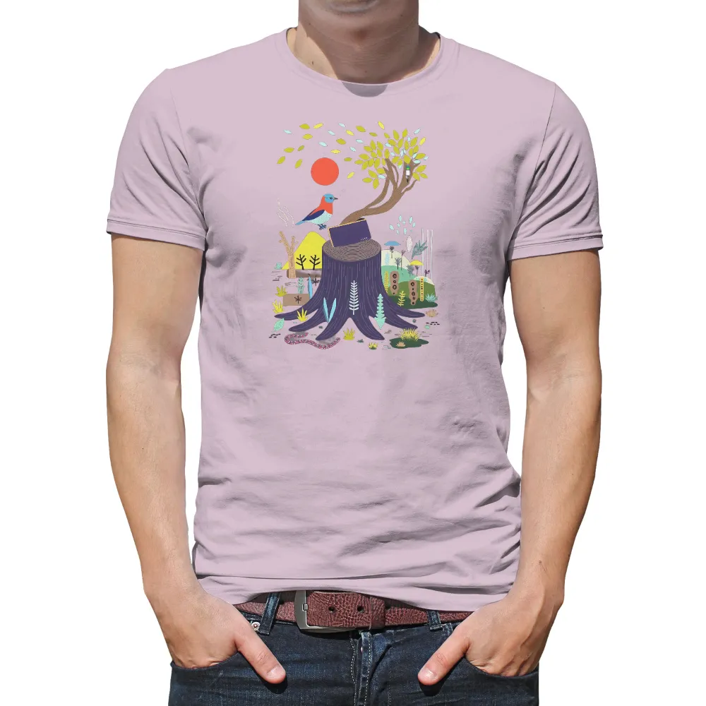 TShirt Design: Nature's Stories - Tree Stump and Open Book|happy plants nursery shirt