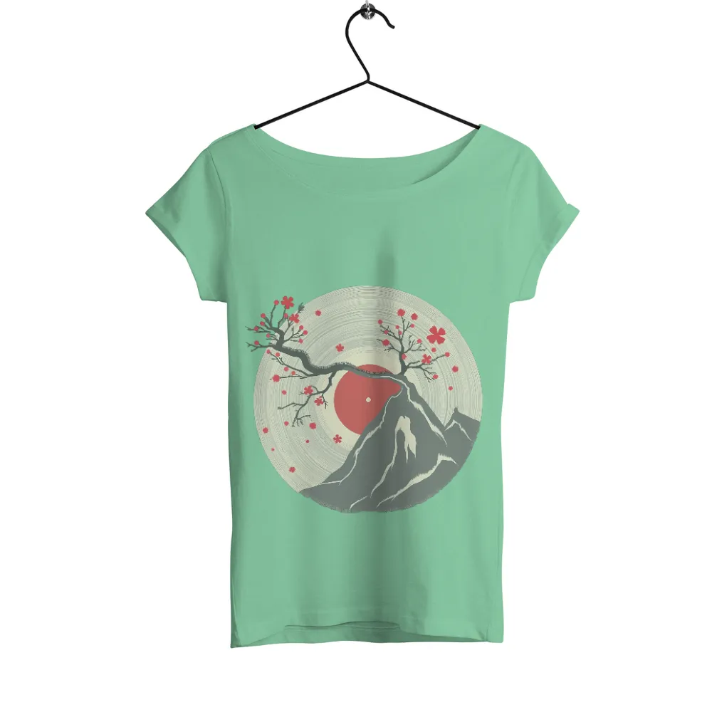 Graphic Tees: Mountain and Cherry Blossom - Artistic Design|majestic mountain