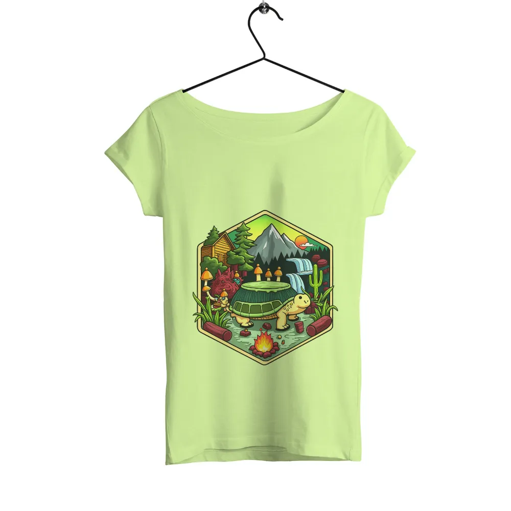 T-Shirts Design: Whimsical Turtle Cabin in the Forest|Giant turtle with cabin shell