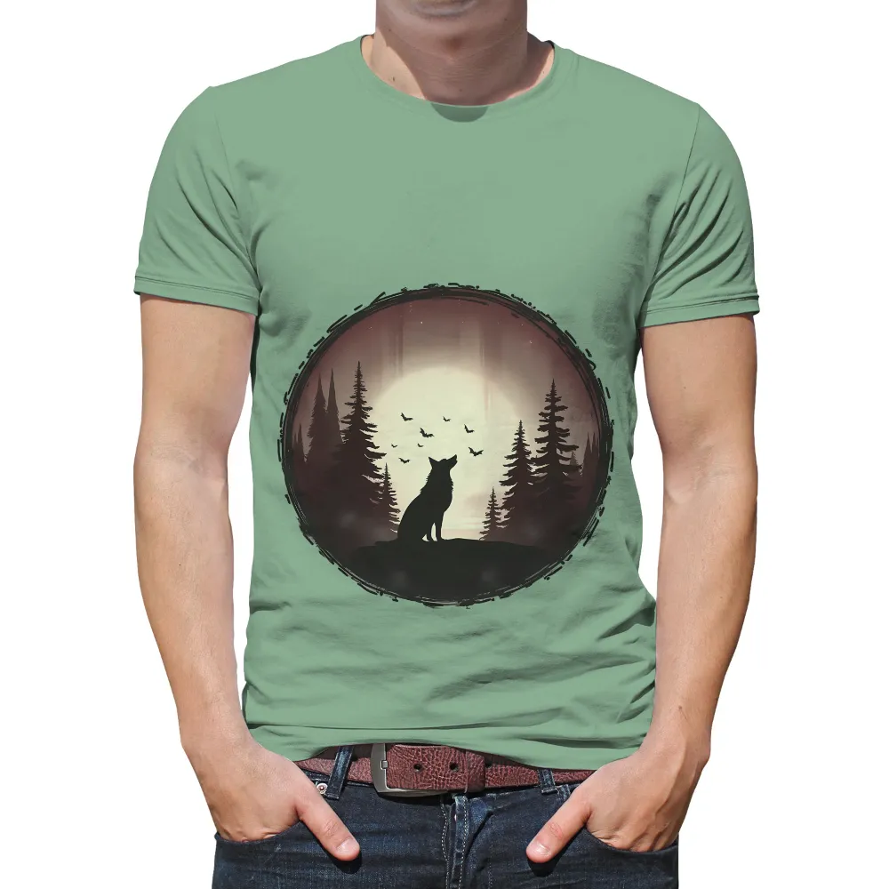 Tee Shirt Printing: Wolf Howling Under the Moon|casual vintage sun moon t shirt