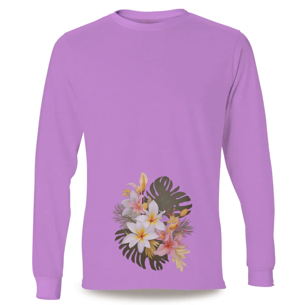 TShirt Design: Tropical Elegance with Plumeria and Lilies|elegant white tops for ladies