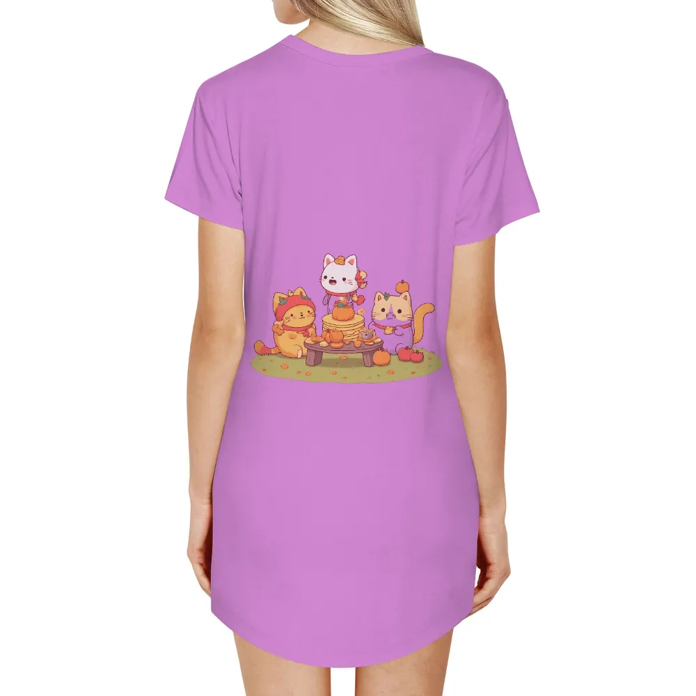 T-Shirt Printing: Autumn Cats Feast | Festive Celebration & Whimsical Design|Three cats enjoying an autumn feast