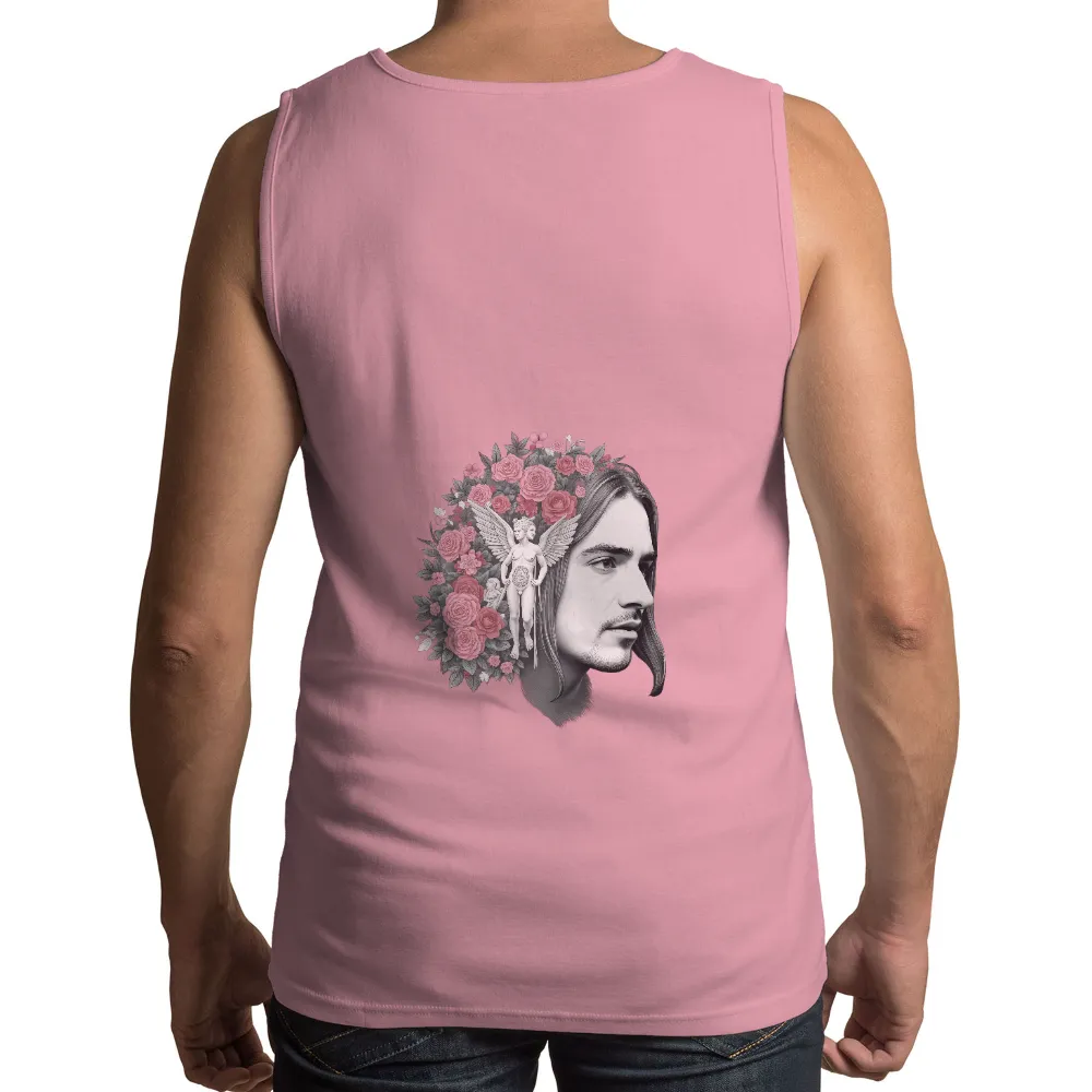 T-Shirts Custom: Angelic Roses - A Blend of Classical and Modern Art| Angel statue with spread wings