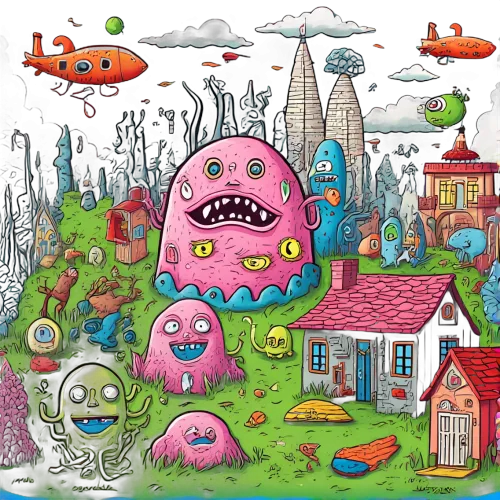 Custom T-Shirt Printing: Whimsical Village with Quirky Monsters