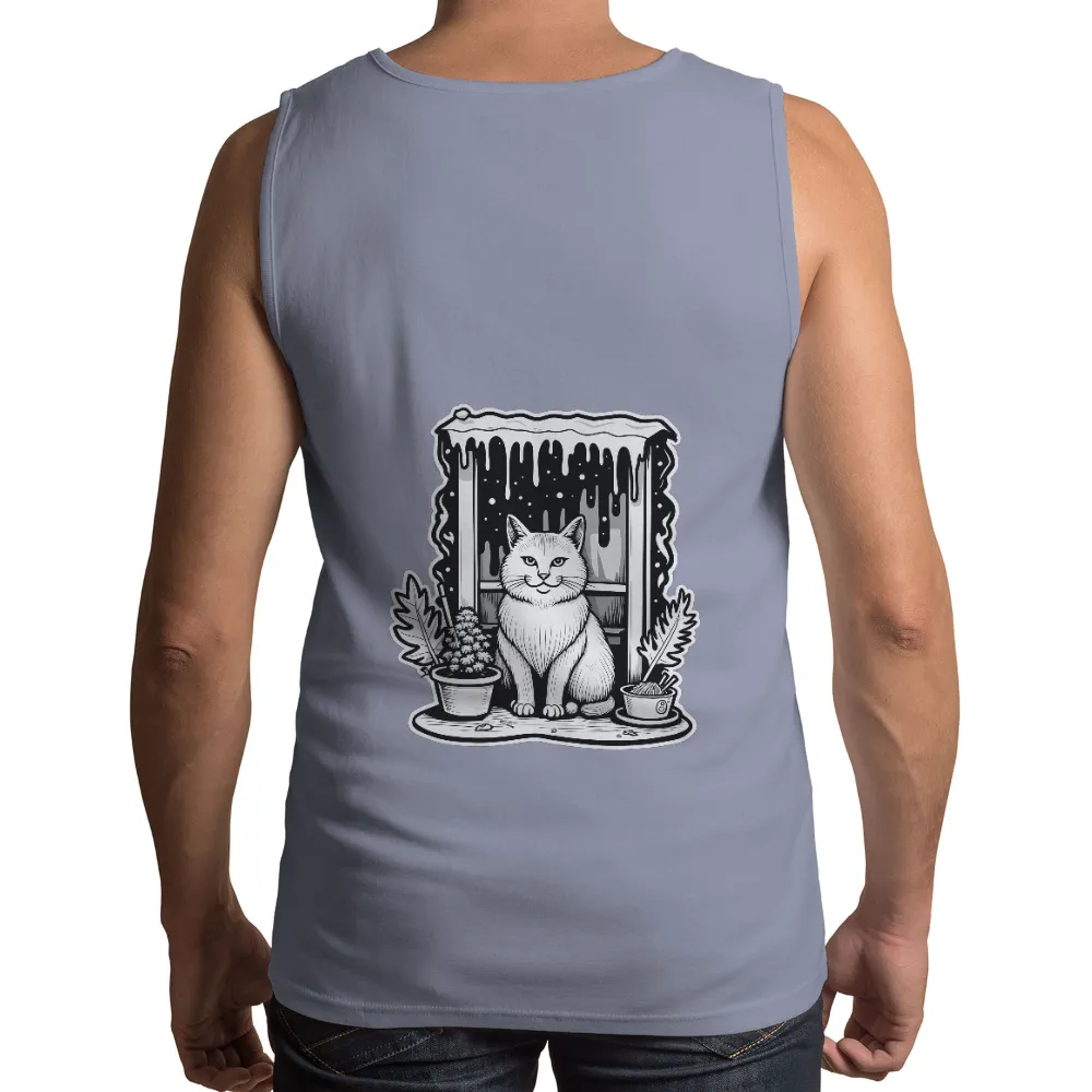 Tee Shirt Printing: Serene Winter Night with a White Cat| knitting needles