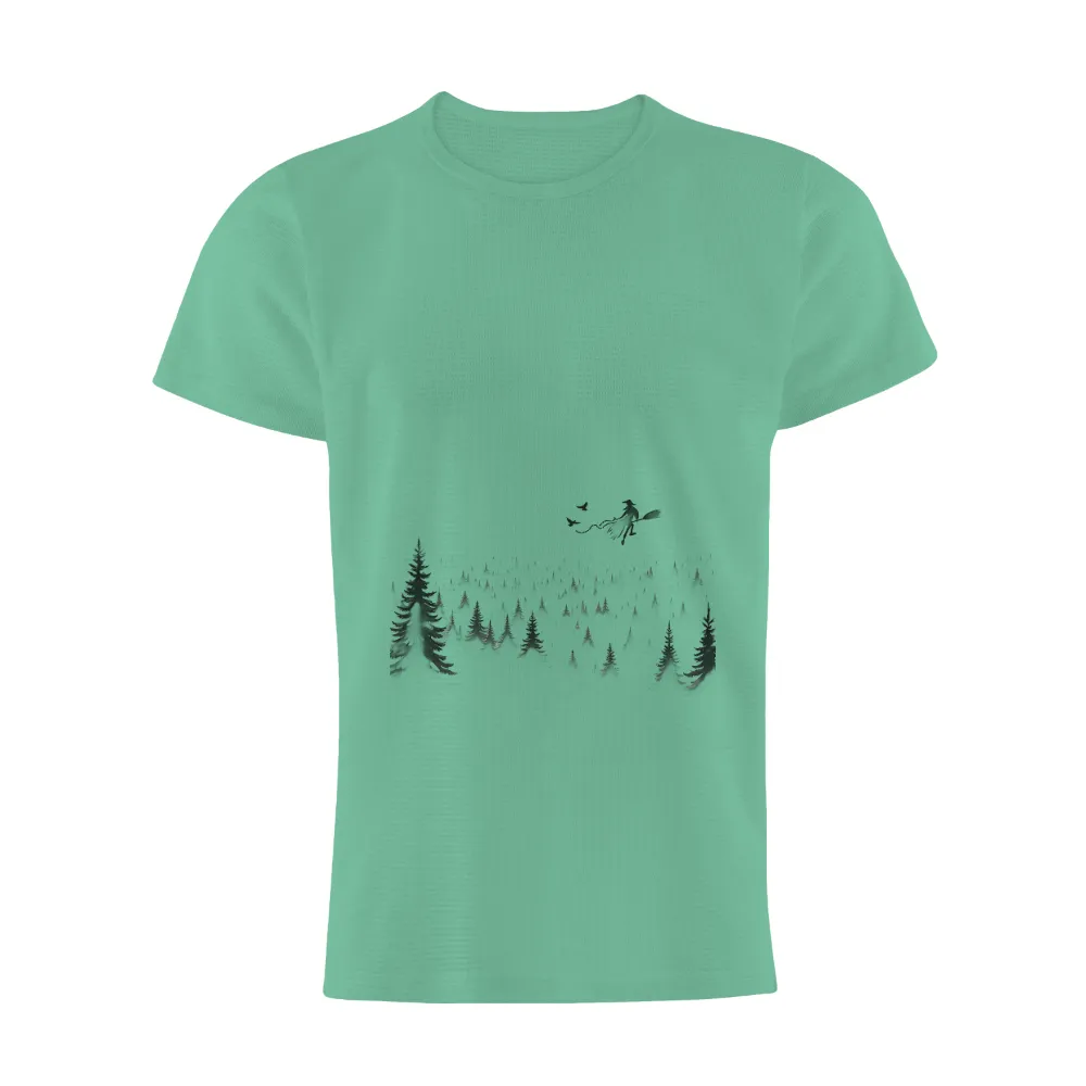 Tee Shirt Printing: Enchanting Witch Flight Over Moonlit Forest| Dancing birds around the witch