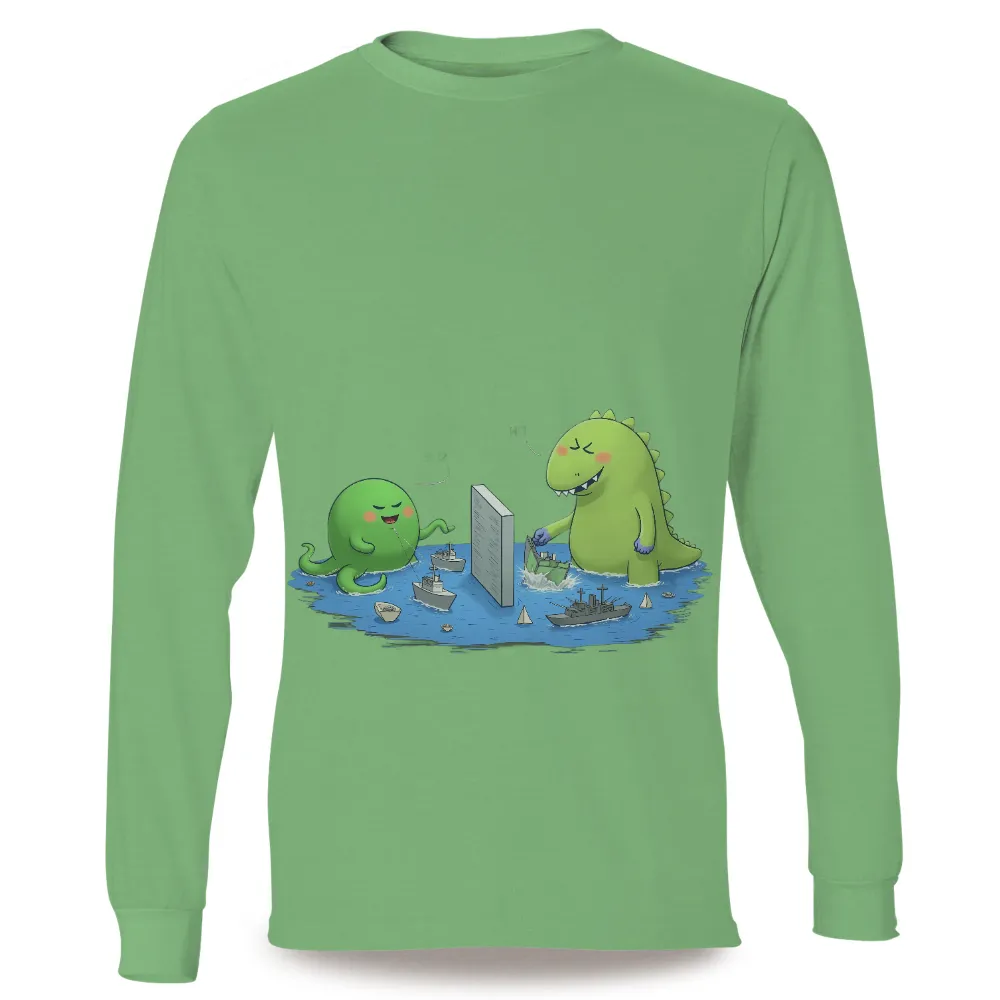 TShirt Printing: Octopus vs Dinosaur - A Playful Battle of Friendship|Green octopus playing Battleship