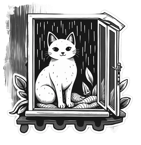 Custom Tee Shirts: White Cat on Windowsill - Serenity in Rain