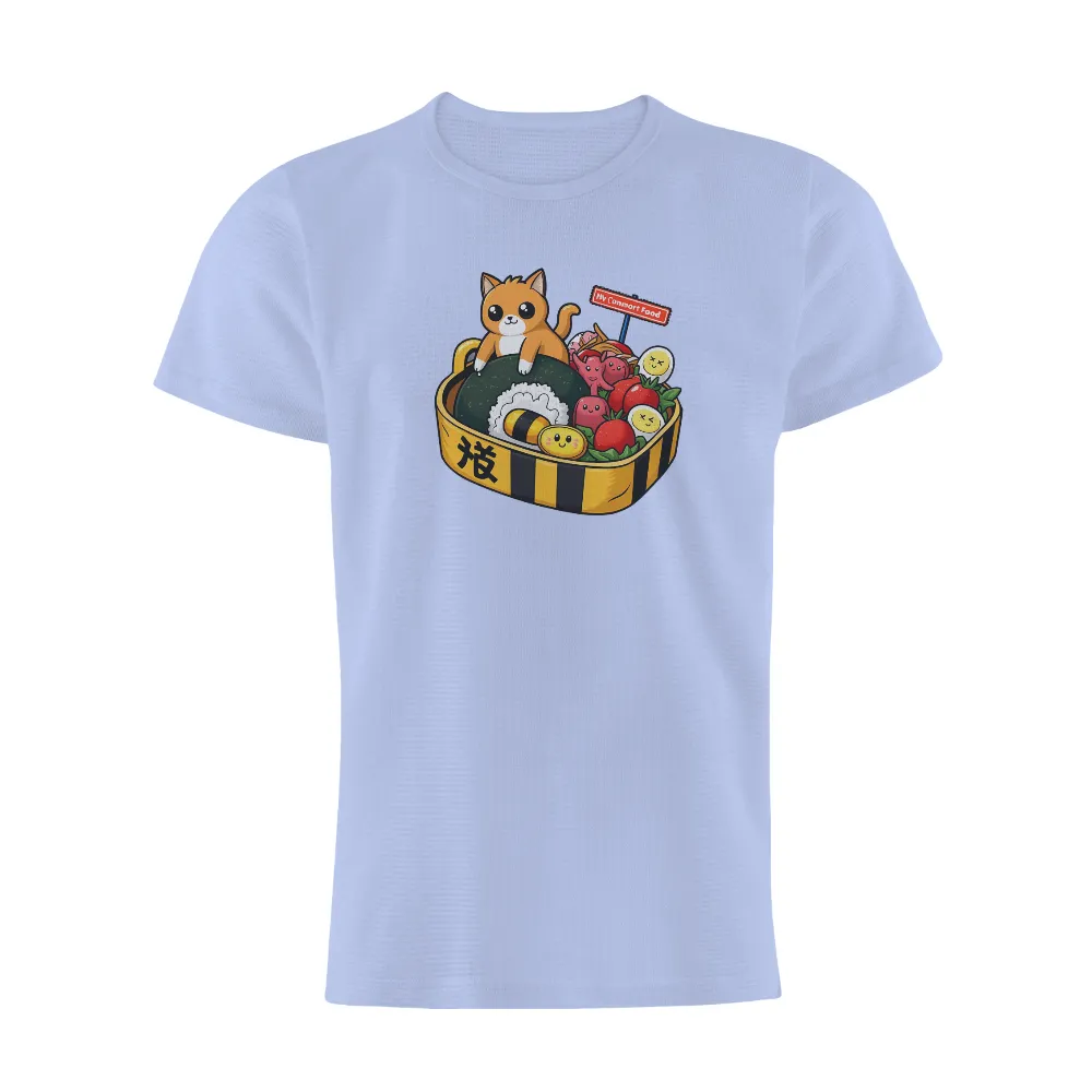 Custom T-Shirt Printing: My Comfort Food - Cute Cat Bento Box Design| Kawaii characters in a bento box