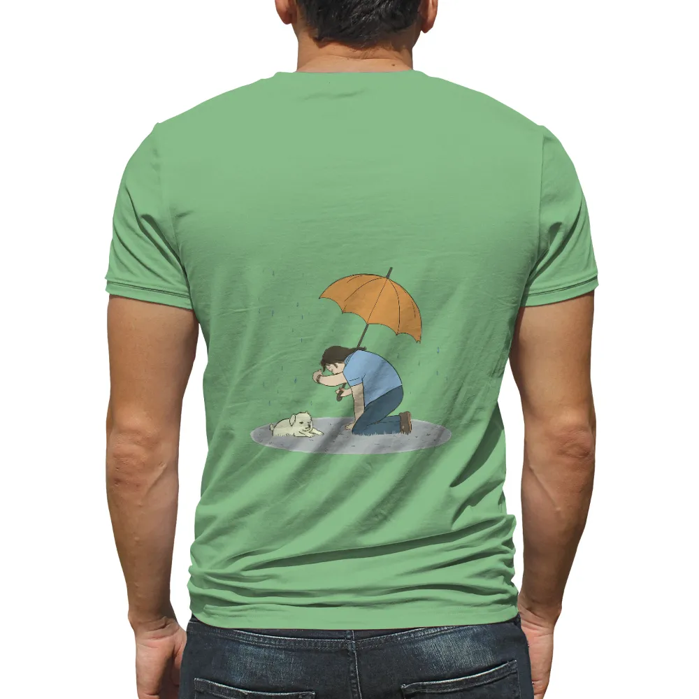 Tee Shirts Printed: Compassion Under the Rain | Heartwarming Design| Human-animal bond