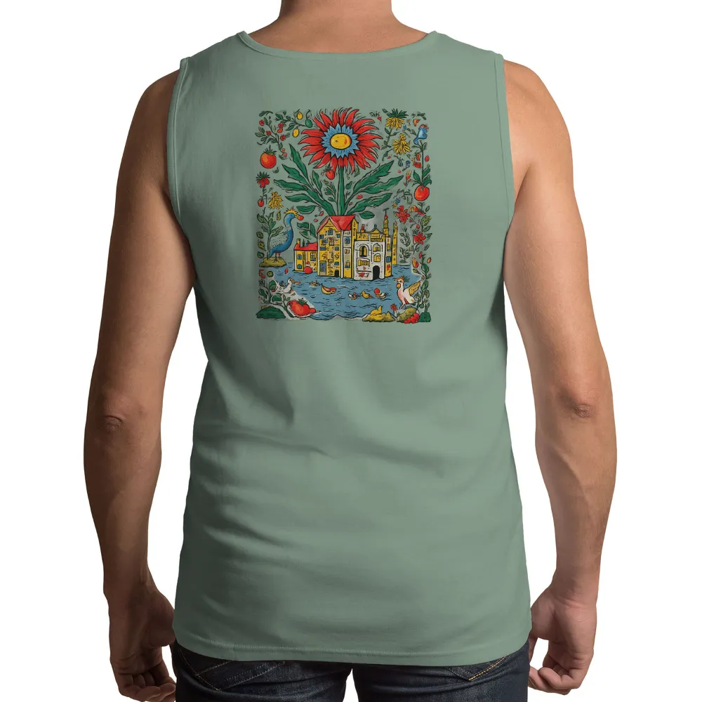 Whimsical Sunflower Village | T-Shirts Design| Blue bird on a branch