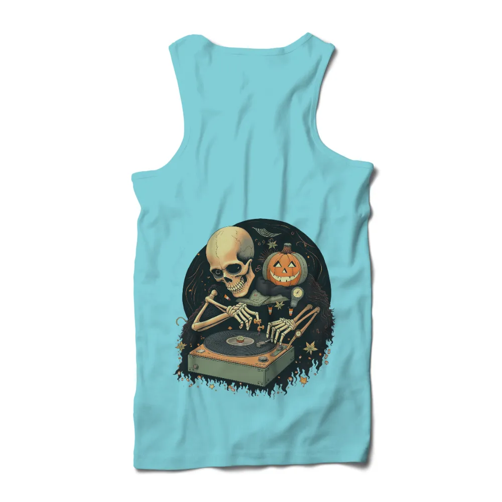 Tee Shirts Printed: Halloween Skeleton DJ | Vinyl Records & Pumpkin Fun|skeleton DJ playing vinyl