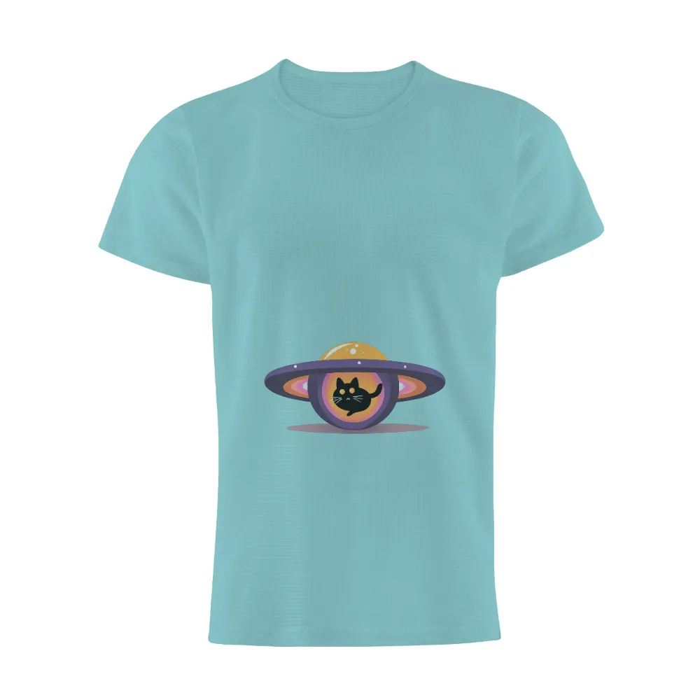 Shirts Graphic Tees: Cosmic Cat Adventure in Space|Curious black cat in a cosmic sphere