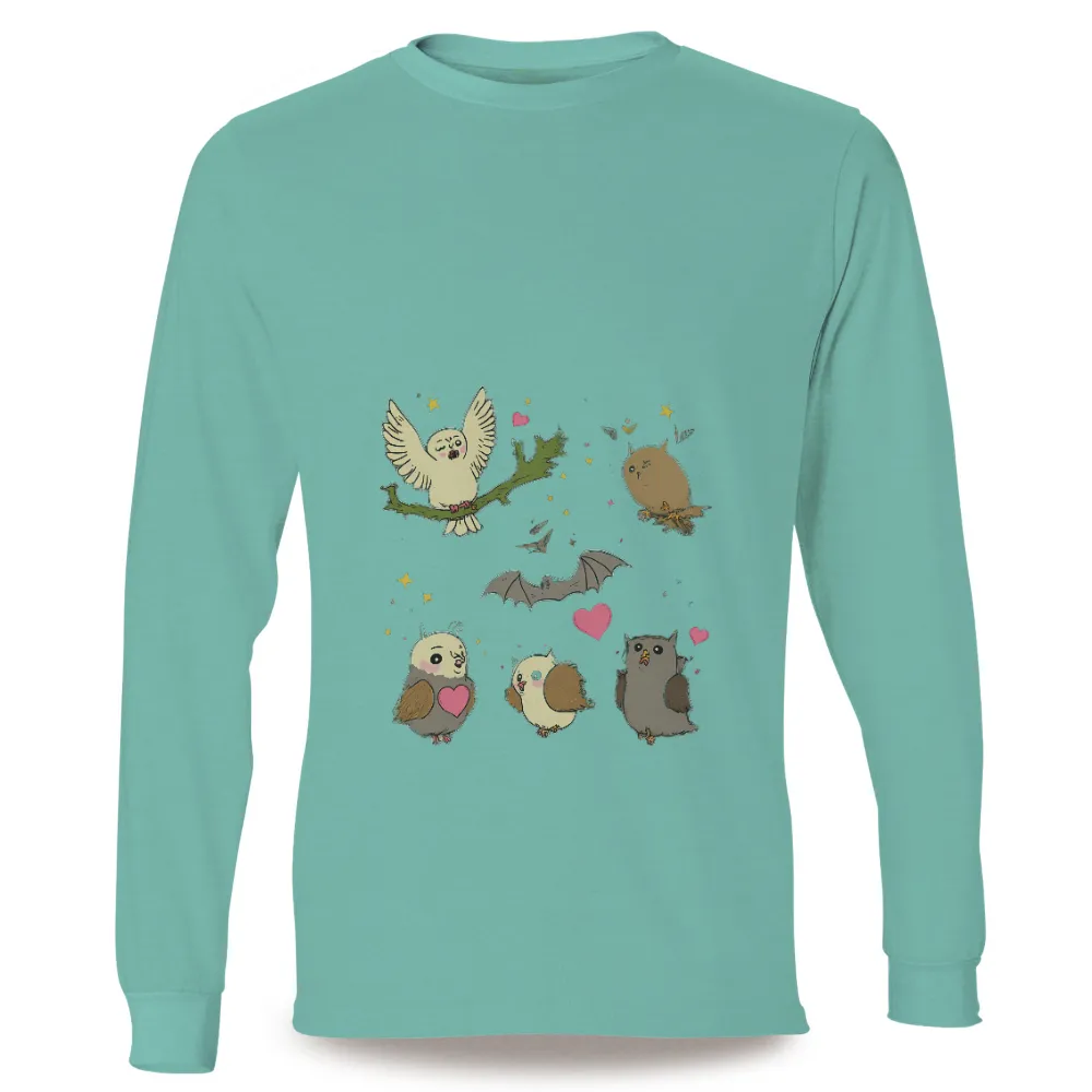 T-Shirts Design: Whimsical Owls and Bats Under the Starry Night|White owl singing on a branch