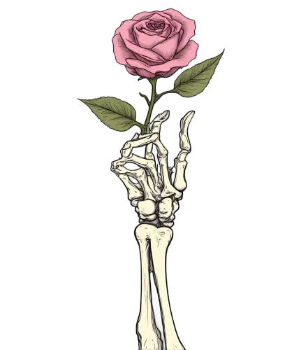 Custom Tee Shirts: Skeletal Hand Holding Pink Rose - Artistic Contrast