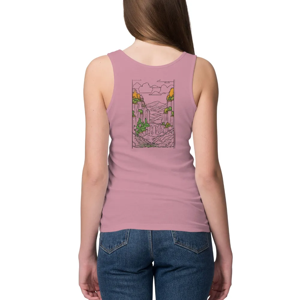 Customized Tee Shirts: Serene Waterfall in a Glowing Forest|pokemon forest shirt