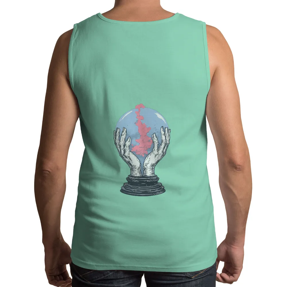 T-Shirts Custom: Skeletal Hands Cradling a Crystal Ball with Pink Ink Cloud|skeletal hands