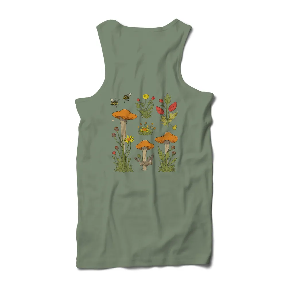 Custom Tee Shirts: Whimsical Mushrooms and Bees in a Summer Meadow|summer bleached shirts