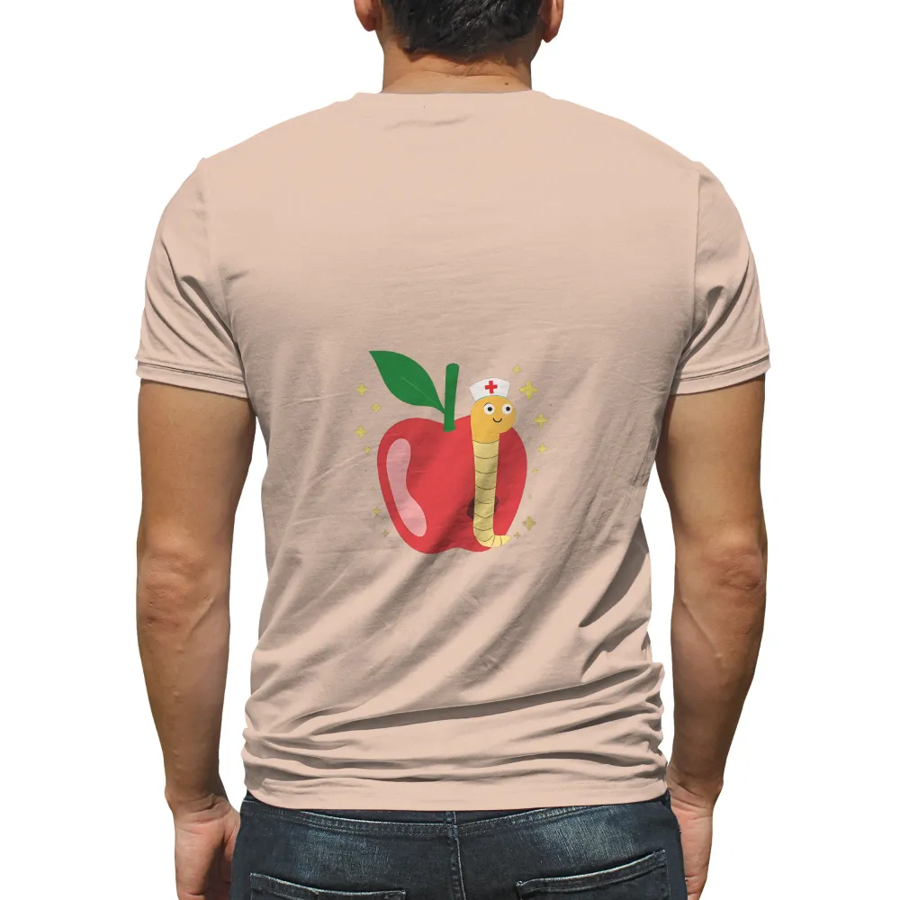 TShirt Design: Whimsical Apple with Nurse Worm| Vibrant red apple with twinkling stars