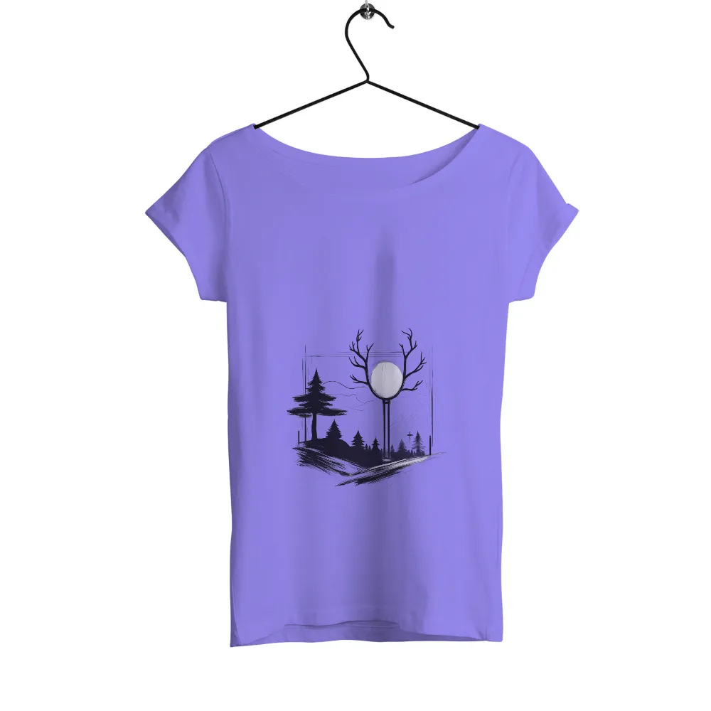 Custom T-Shirt Printing: Serene Forest Night with Glowing Streetlamp|t shirt painting on nature