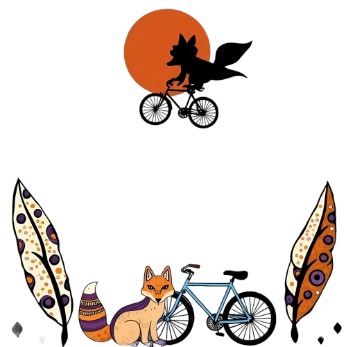 T-Shirts Design: Whimsical Fox Adventure with Feathers and Bicycle