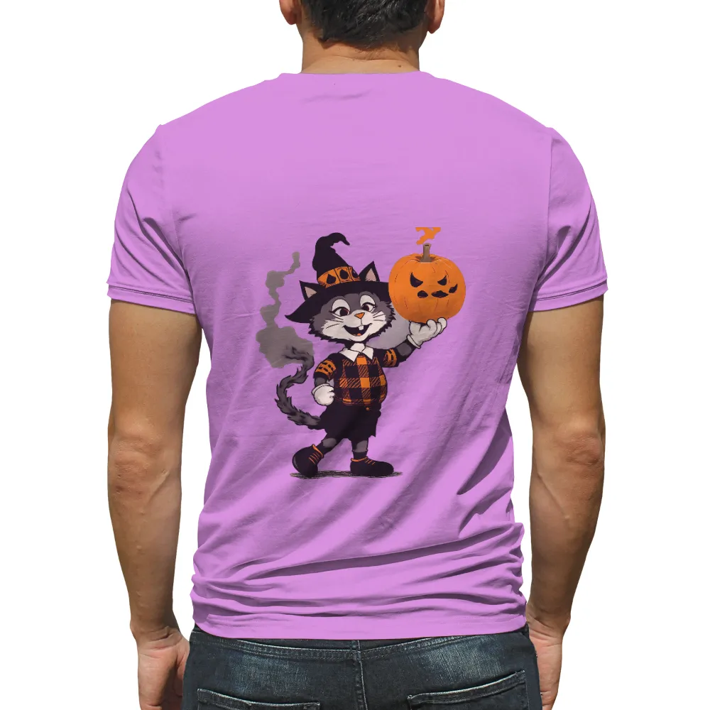 Halloween T-Shirts Pattern: Playful Cat with Pumpkin| witch hat