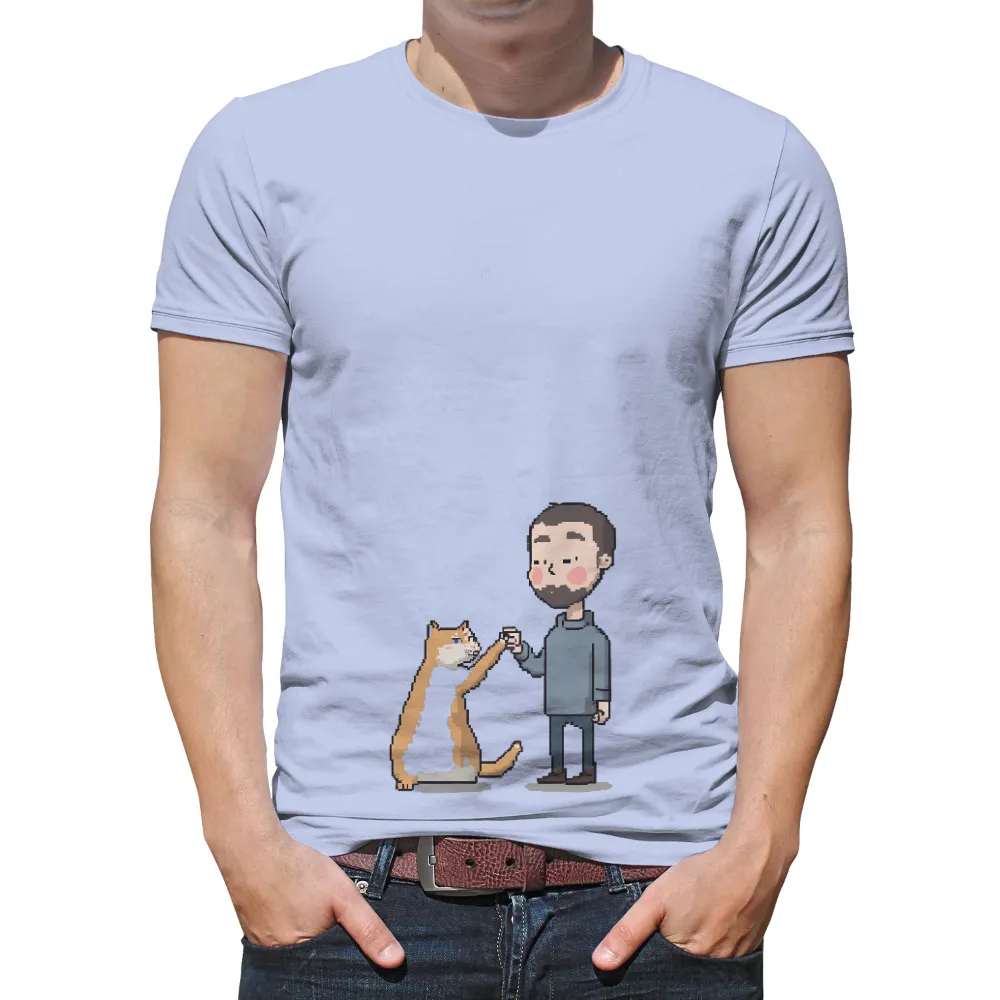 Custom Tee Shirts: Man and Cat Friendship - Pixel Art Design|my cat is my valentine t shirt