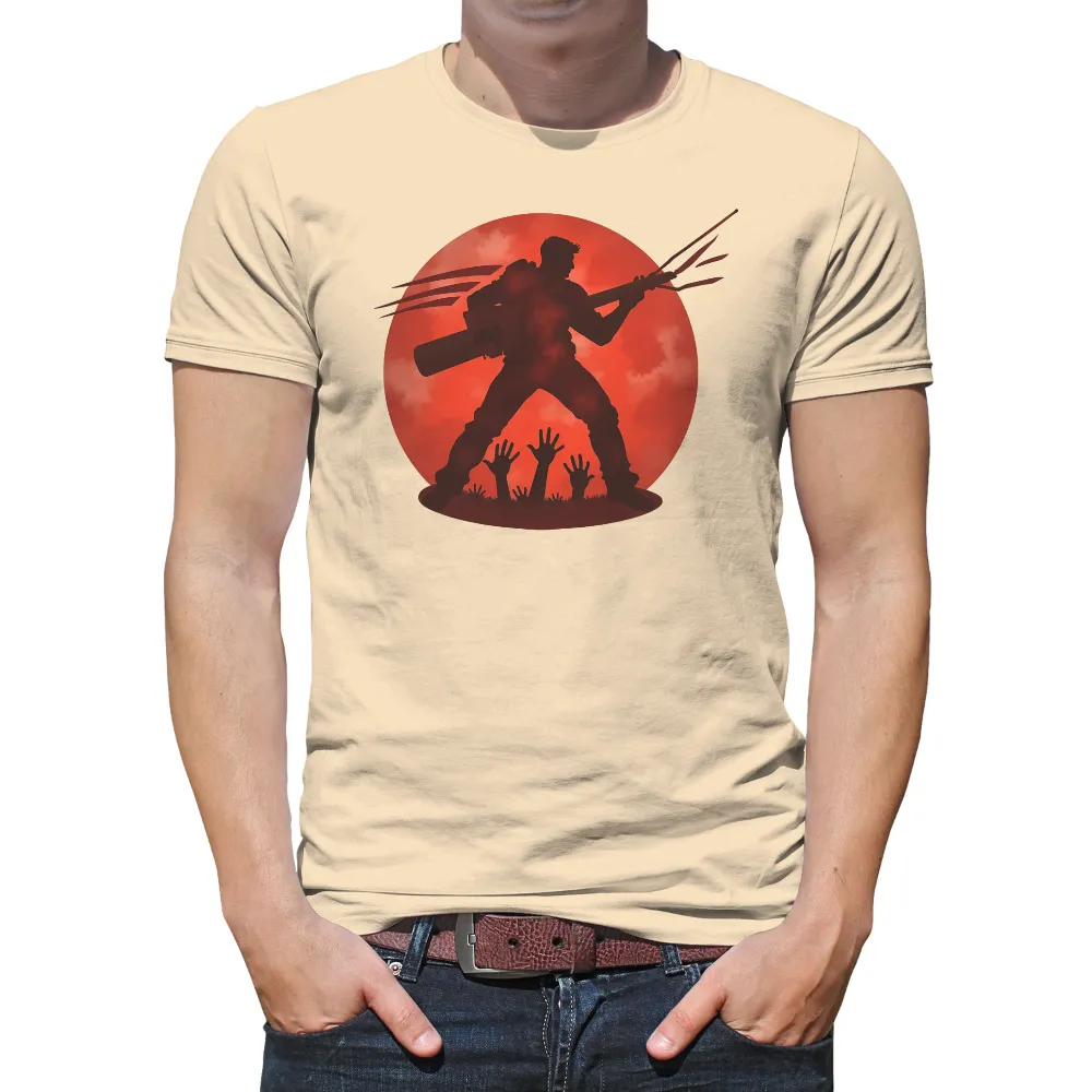 Custom Tee Shirts: Defiant Survivalist Against Red Moon| Hands reaching up from the ground