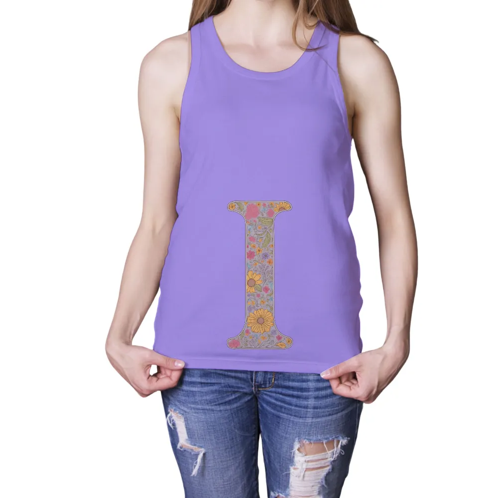 T-Shirts Pattern: Vibrant Floral Letter 'I'|best women's summer t shirts