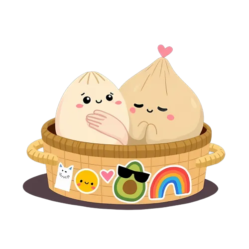 Custom Tee Shirts: Dumplings' Adventure with Cat, Avocado, and Rainbow Stickers