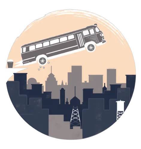 Custom T-Shirt Printing: Vintage Bus Soaring Over Cityscape